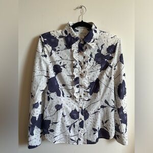 St. John Collection Floral Ruffle Button-Up Blouse w/ shoulder pads